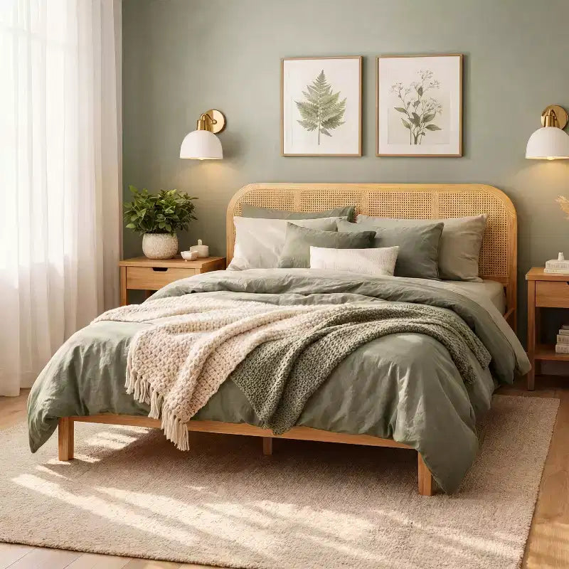 Estrutura de cama de plataforma em madeira Christopher Knight Home Callahan, moderna, estilo boho, com cabeceira em rattan