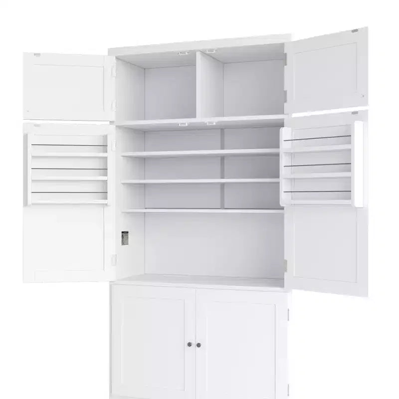 Dispensa alta da cucina con prese di corrente, grande armadio indipendente con supporto per microonde, cassetti, ripiani, portabottiglie e ripiano nell’anta