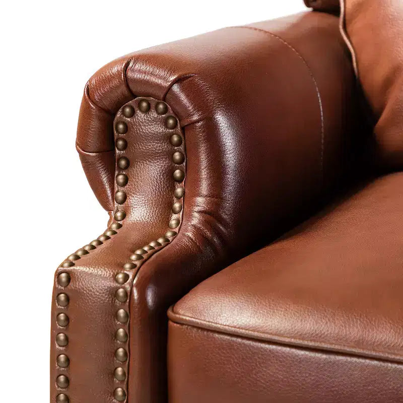 Conjunto de 2 cadeirões reclináveis Elisabete modernos, de costas altas, em pele genuína, com acabamento vintage de tachas, para sala de estar e quarto| ART OF LIVING DESIGNS