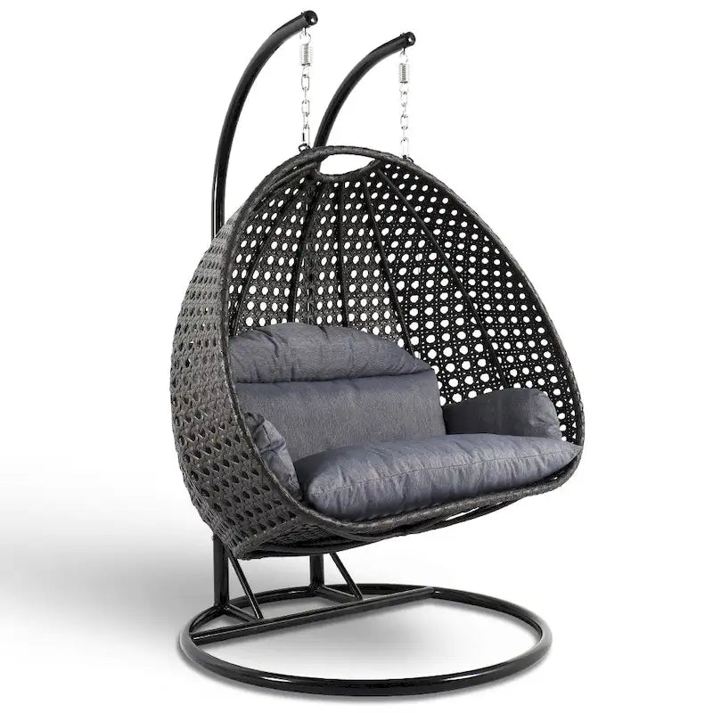Poltrona sospesa a uovo LeisureMod per 2 persone con supporto - Altalena da patio in rattan intrecciato per esterni/interni, chaise longue con cuscini
