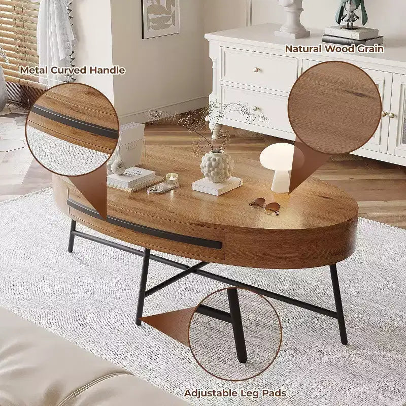 Mesa de centro oval Acekool com gaveta, mesa de arrumação de madeira de 47.2 com pernas metálicas cruzadas, mesa de centro moderna de meados do século em salgueiro natural e dourado