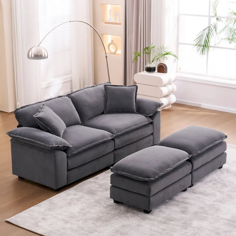 Canapé 2 places avec 2 coussins, 2 oreillers et 2 poufs, canapé confortable – canapé profond modulable pour le salon