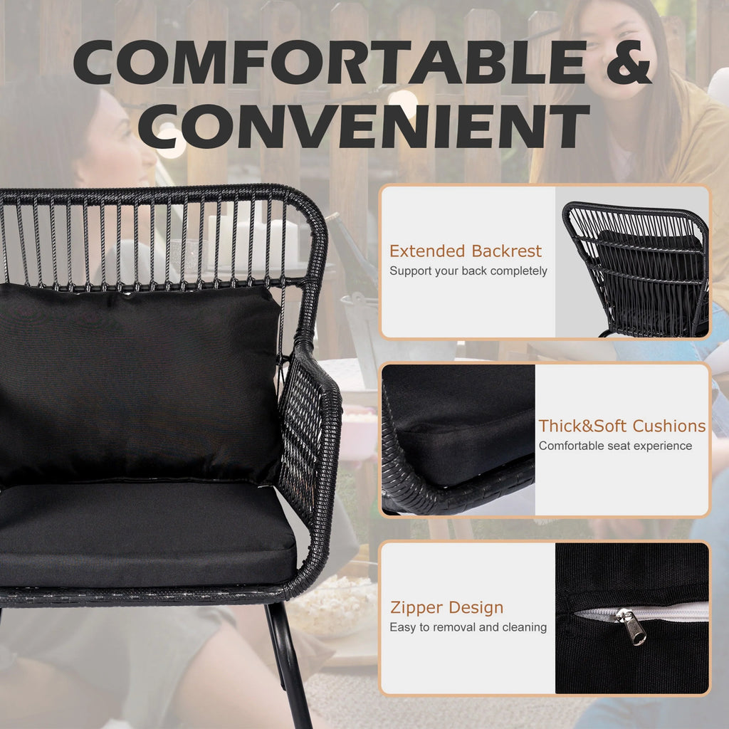 Ensemble bistro de conversation extérieur en osier de 3 pièces, mobilier de patio en rotin toutes saisons avec coussins
