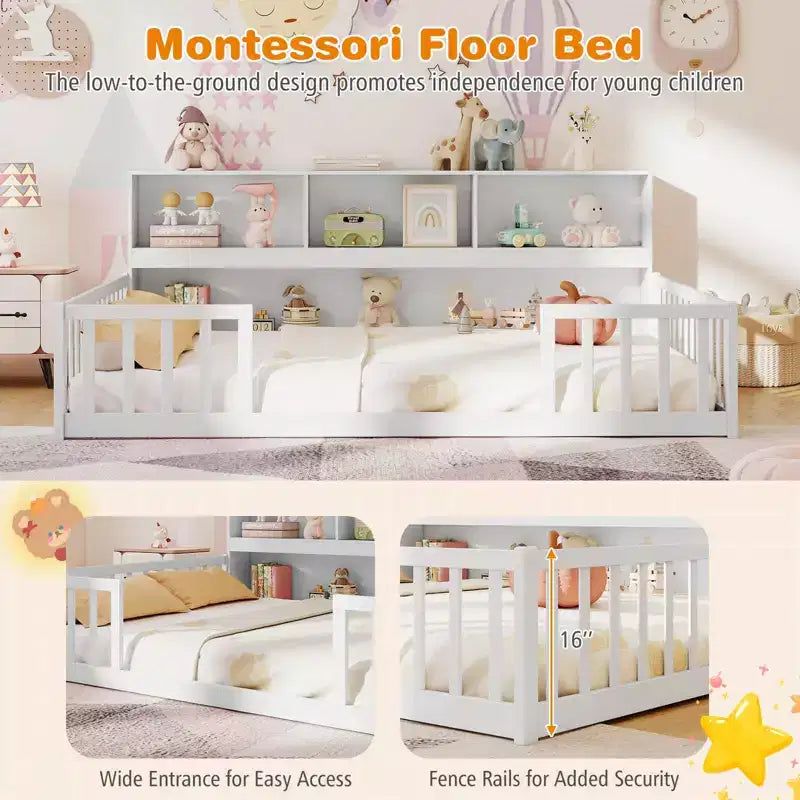 Montessori-Bodenbett in Twin-/Full-Größe mit Bücherregal, Stauraumfächern und Sicherheitsgittern, Weiß/Grau