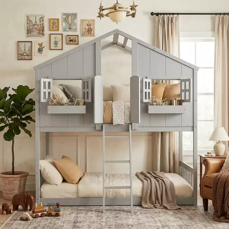 Cama alta de tamanho Twin em forma de casa, cama alta de madeira tipo casinha com escada e barreiras de proteção para crianças