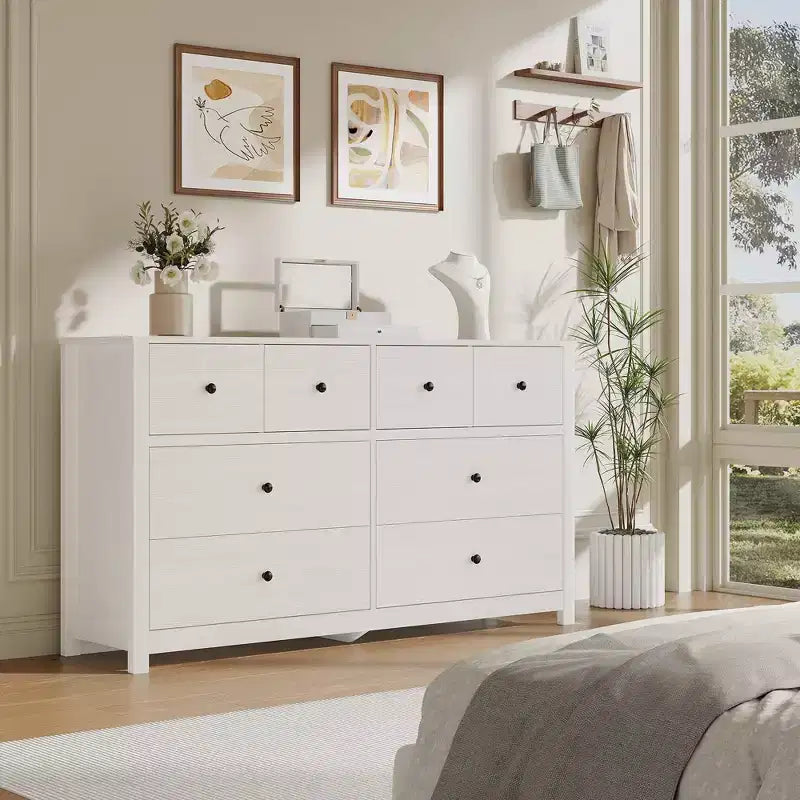 Moderne ladekast met 8 laden voor de slaapkamer, brede houten kast met diepe opbergruimte, vrijstaande organiserende kast voor de woonkamer