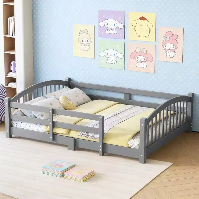 Lit Montessori bas Luxystar, taille double, avec barrières de sécurité et tête de lit
