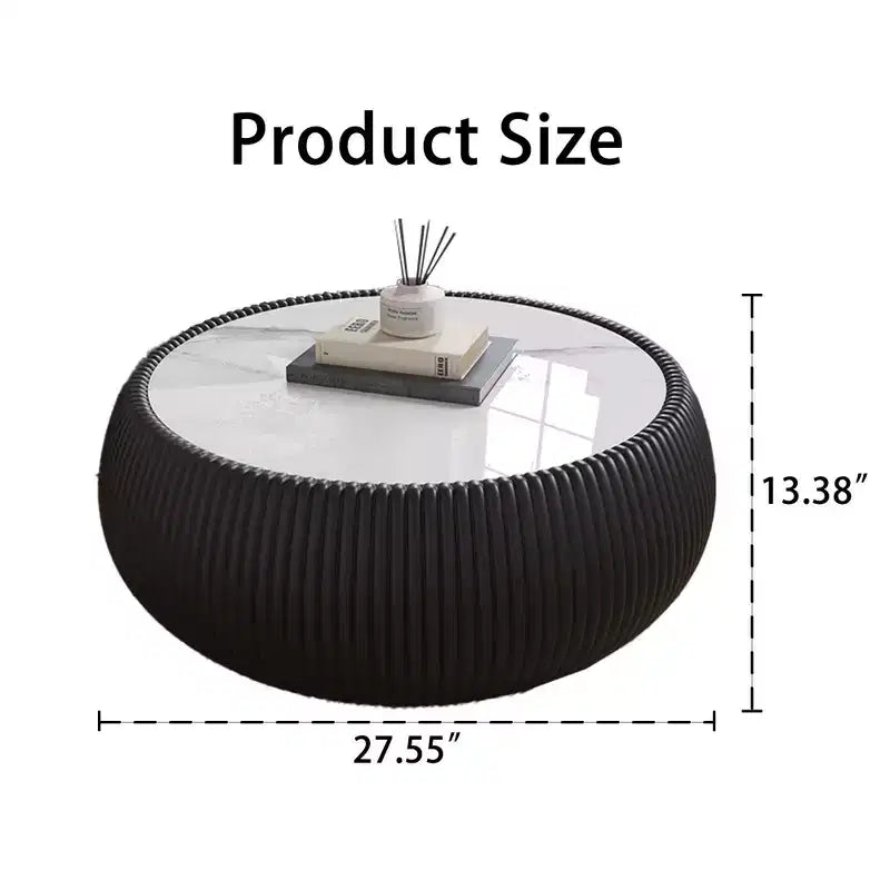 Mesa de centro redonda moderna Okak em forma de tambor, com tampo de mármore e laterais de couro, mesa central elegante para sala de estar e quarto