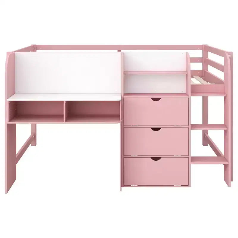 Lit mezzanine bas rose/blanc avec bureau, rangements et tableau blanc - 1 personne, 1 place