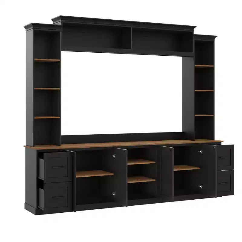 Unità a parete centro d'intrattenimento in stile rustico ModernLuxe 4-in-1, adatta a TV fino a 70, mobile TV e console multimediale con ripiani e cassetti regolabili
