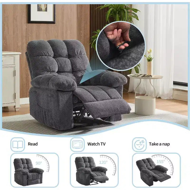 Cadeirão reclinável manual, com tecido ergonómico e respirável e bolsos laterais, sofá individual, adequado para a sala de estar ou o quarto