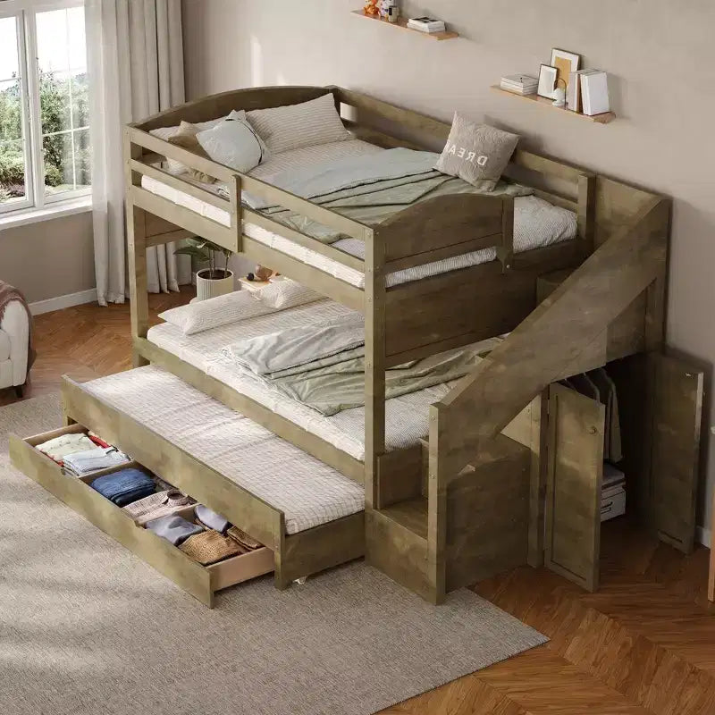Estrutura de beliche Whisen Twin XL com cama auxiliar, beliche com arrumação, madeira maciça, escada com arrumação, roupeiro e 3 gavetas, para crianças