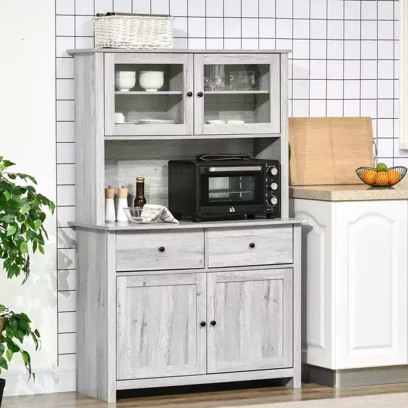 HOMCOM 63.5 Aparador de cozinha com módulo superior, armário de despensa com 4 prateleiras, gavetas, portas de vidro com moldura e bancada aberta para micro-ondas