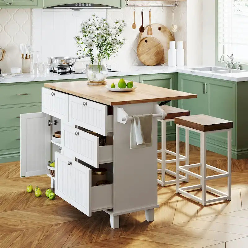 Conjunto de ilha de cozinha TOPMAX com aba rebatível e 2 lugares, conjunto de mesa de jantar com prateleira ajustável, gavetas e toalheiro