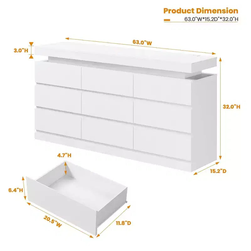 Cassettiera a 9 cassetti per camera da letto, cassettiera con stazione di ricarica e luci LED, armadio contenitore doppio in legno, cassettiera moderna e mobile TV