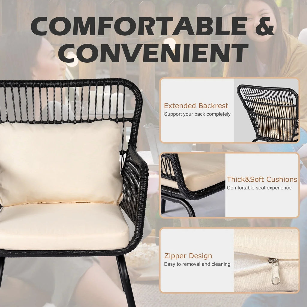 Ensemble bistro de conversation extérieur en osier de 3 pièces, mobilier de patio en rotin toutes saisons avec coussins