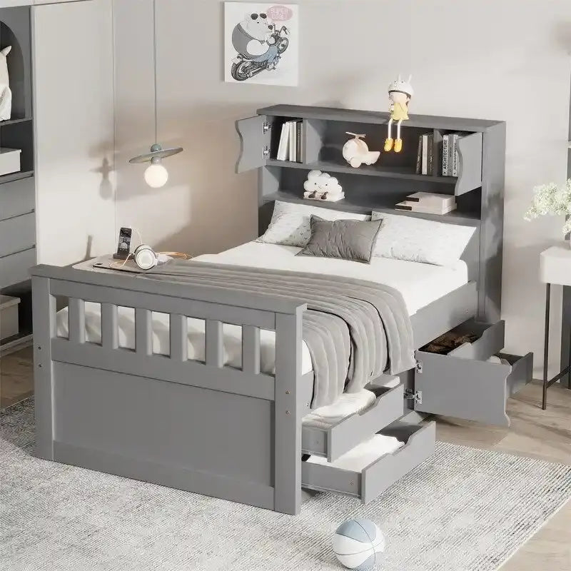 Cama de plataforma tipo capitão Twin/Full com 4 gavetas e prateleiras de arrumação, estrutura de cama em madeira maciça com cabeceira-estante para arrumação