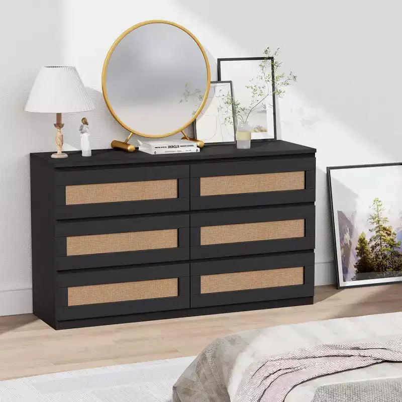 Cómoda de rattan para quarto com 6 gavetas, cómoda larga de estilo quinta moderno de 47, armário organizador de arrumação em madeira para closet, sala de estar e corredor