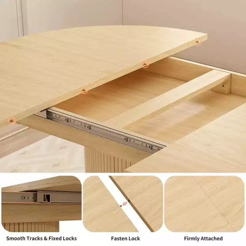 Mesa de cozinha e sala de jantar redonda extensível Dyonery 63 com prateleira de arrumação de 2 níveis, base pedestal, mobiliário de jantar em madeira oval circular, nogueira
