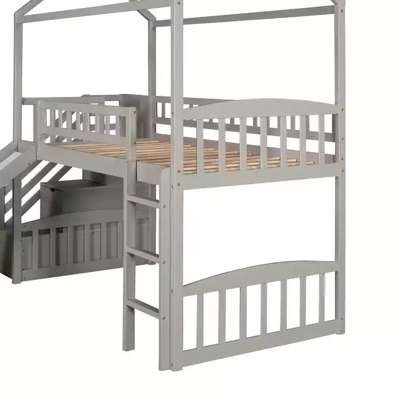 Cama alta tipo casa Twin com escorrega e escadas, cama alta com gavetas de arrumação, cama alta de madeira tipo cabana para crianças e bebés