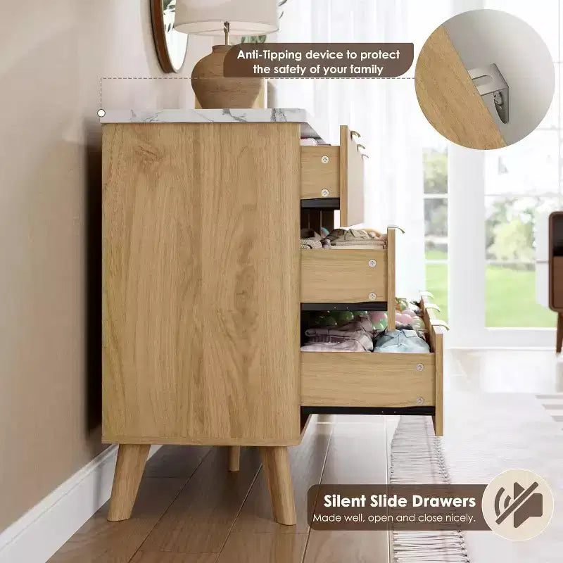 Komoda s 9 rýhovanými zásuvkami, moderní skříňka, dřevěná komoda pod TV, design se zaobleným profilem do obývacího pokoje nebo chodby
