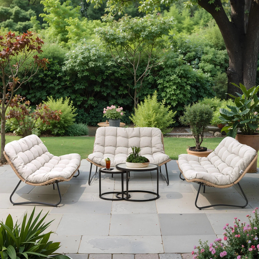 Doppelter Papasan-Sessel als Loveseat mit Kissen, wetterfestes PE-Rattan und Metallgestell für drinnen und draußen