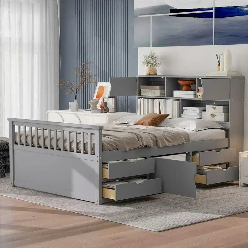 Cama de plataforma tipo capitão Twin/Full com 4 gavetas e prateleiras de arrumação, estrutura de cama em madeira maciça com cabeceira-estante para arrumação