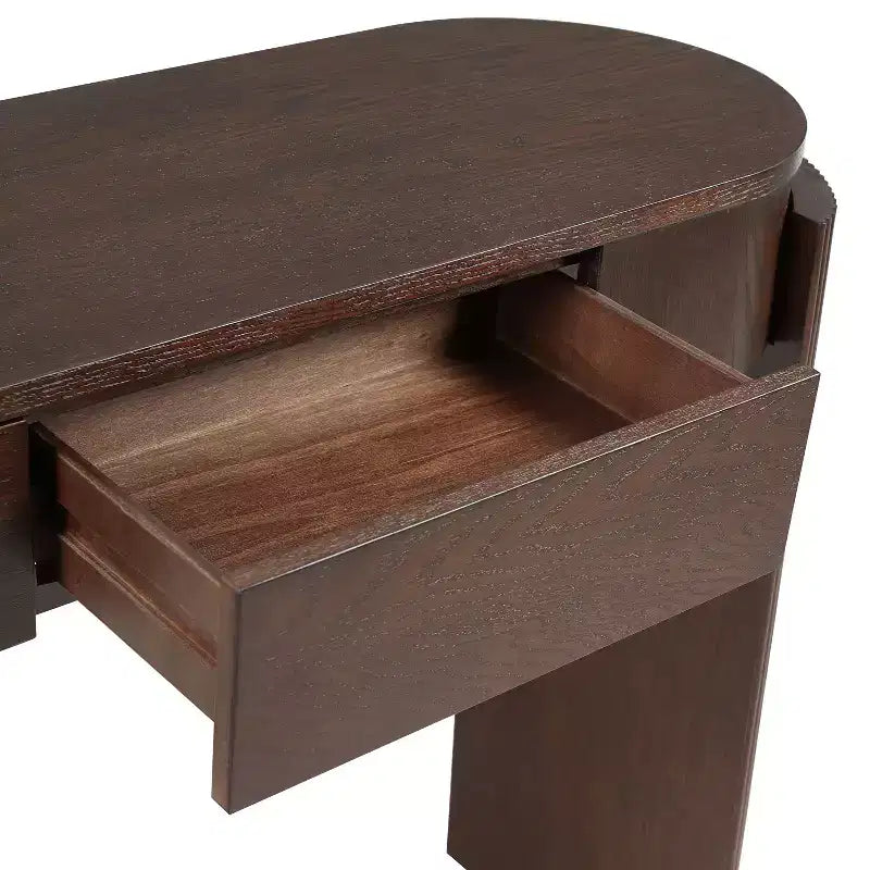 Mesa de consola moderna Merax com tampo oval e pernas curvas caneladas e duas gavetas ocultas