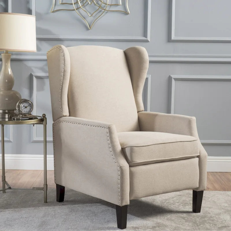 Fotel rozkładany typu wingback z mechanizmem push-back, tapicerowany, w klasycznym stylu, do salonu