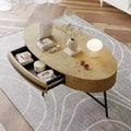 Mesa de centro oval Acekool com gaveta, mesa de arrumação de madeira de 47.2 com pernas metálicas cruzadas, mesa de centro moderna de meados do século em salgueiro natural e dourado
