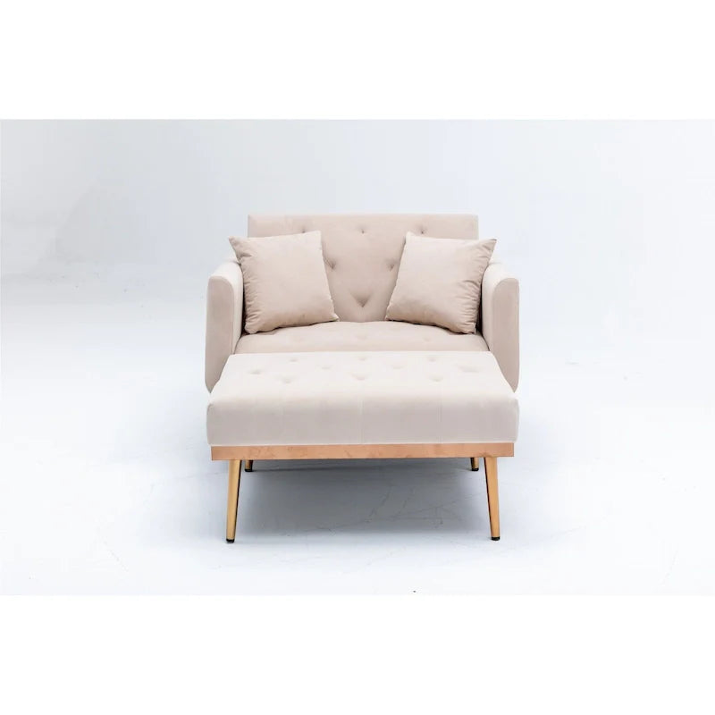 Poltrona letto in velluto imbottito e trapuntato per soggiorno, con gambe color oro rosato