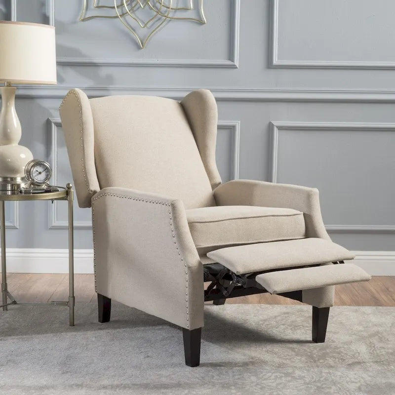 Fotel rozkładany typu wingback z mechanizmem push-back, tapicerowany, w klasycznym stylu, do salonu