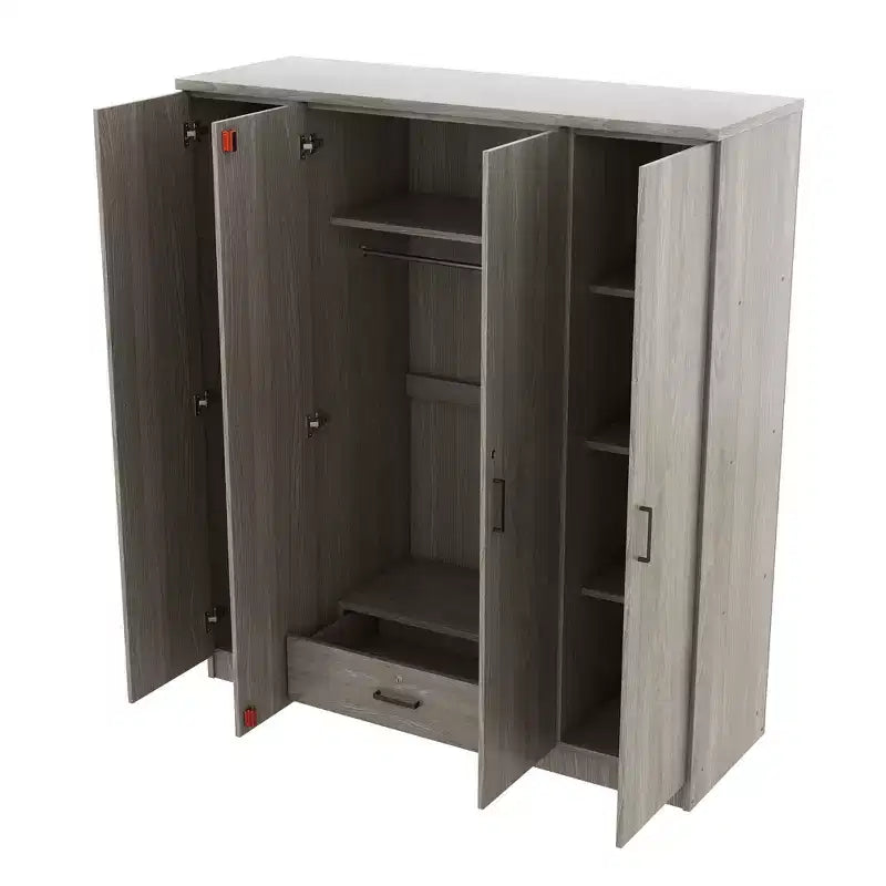 Guarda-roupa de madeira com 4 portas, varão para cabides, 1 gaveta e prateleiras de arrumação