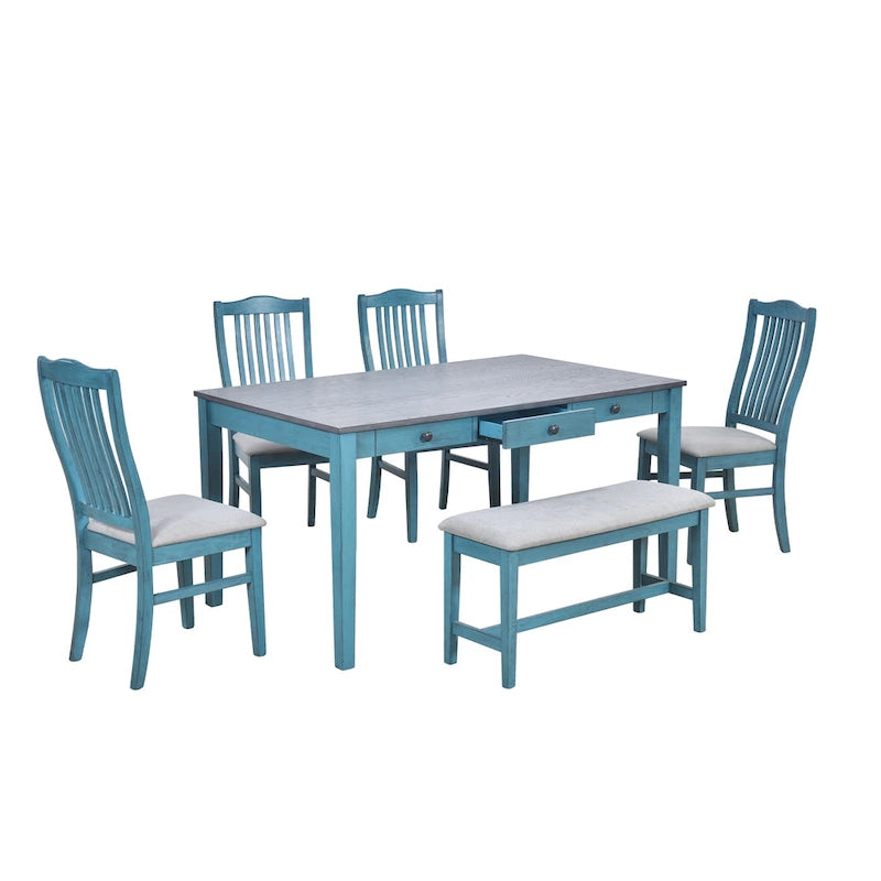6-teiliges Esszimmer-Set aus Holz mit 4 Stühlen und Bank, Tisch mit Schublade
