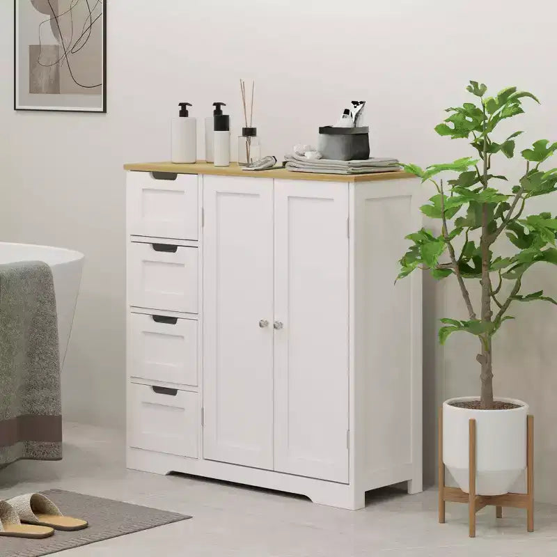 Armário de chão para casa de banho HOMCOM com prateleira ajustável, armário de arrumação independente para casa de banho com 4 gavetas e 2 portas, branco