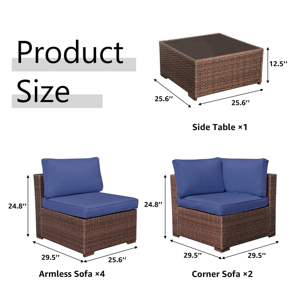 Ensemble de canapé modulaire d’extérieur rembourré en osier et acier, 7 pièces