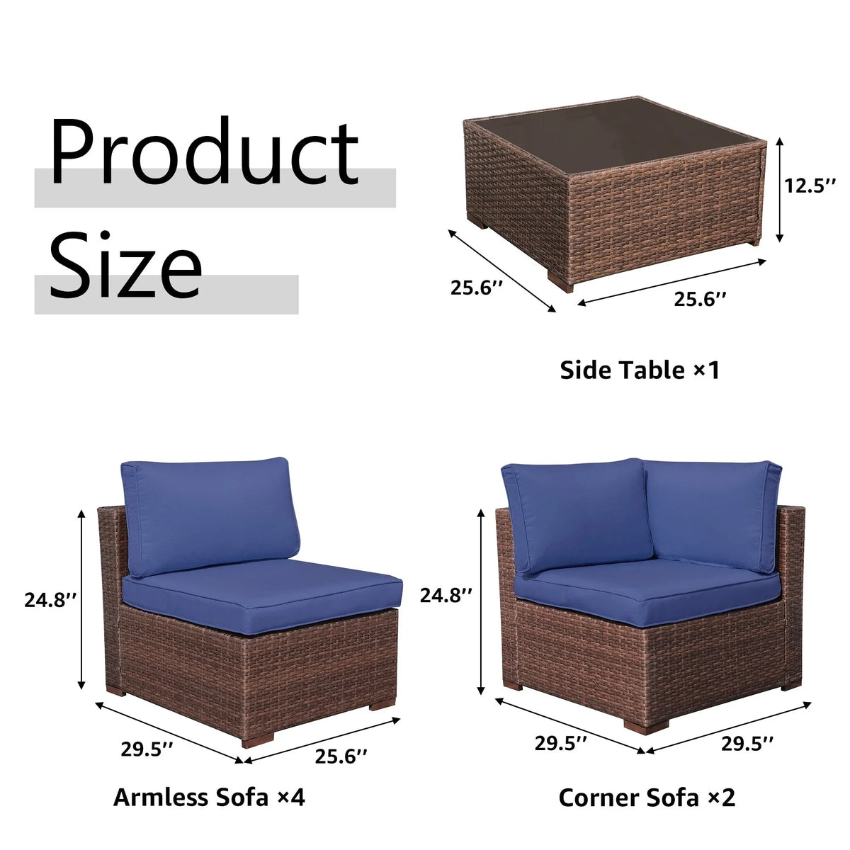 Ensemble de canapé modulaire d’extérieur rembourré en osier et acier, 7 pièces