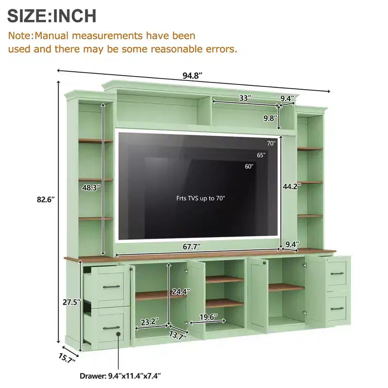 Unità a parete centro d'intrattenimento in stile rustico ModernLuxe 4-in-1, adatta a TV fino a 70, mobile TV e console multimediale con ripiani e cassetti regolabili