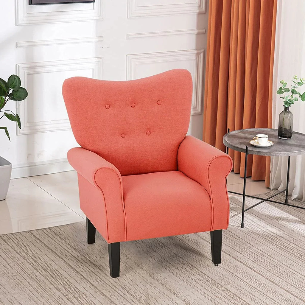 Fauteuil d’appoint moderne Erommy, fauteuil à dossier haut, canapé une place en tissu rembourré avec boutons et pieds en bois pour le salon
