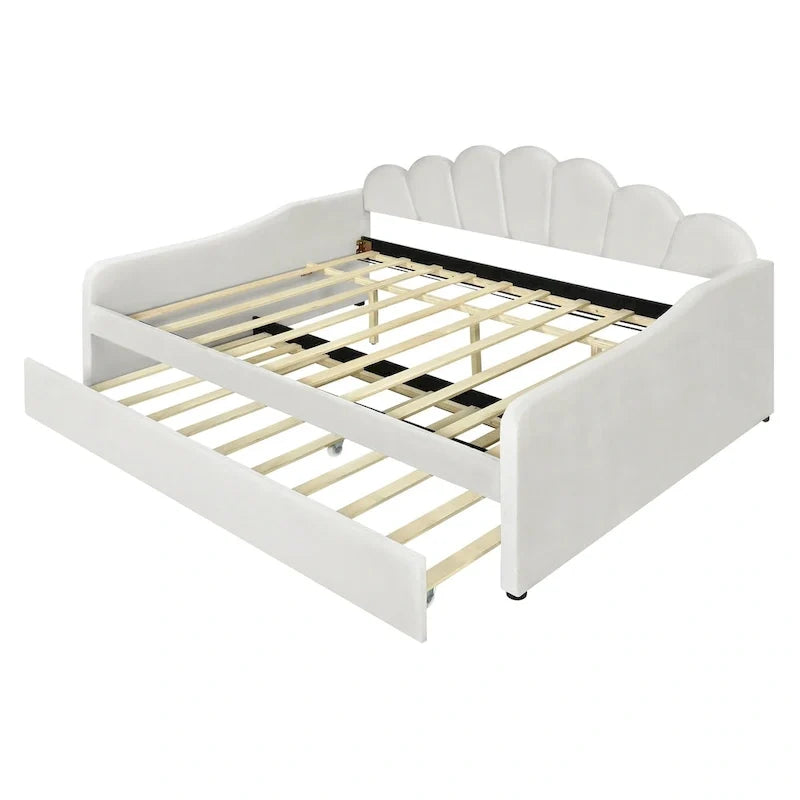 Full Size Upholstered Daybed with Shell Backrest and Trundle