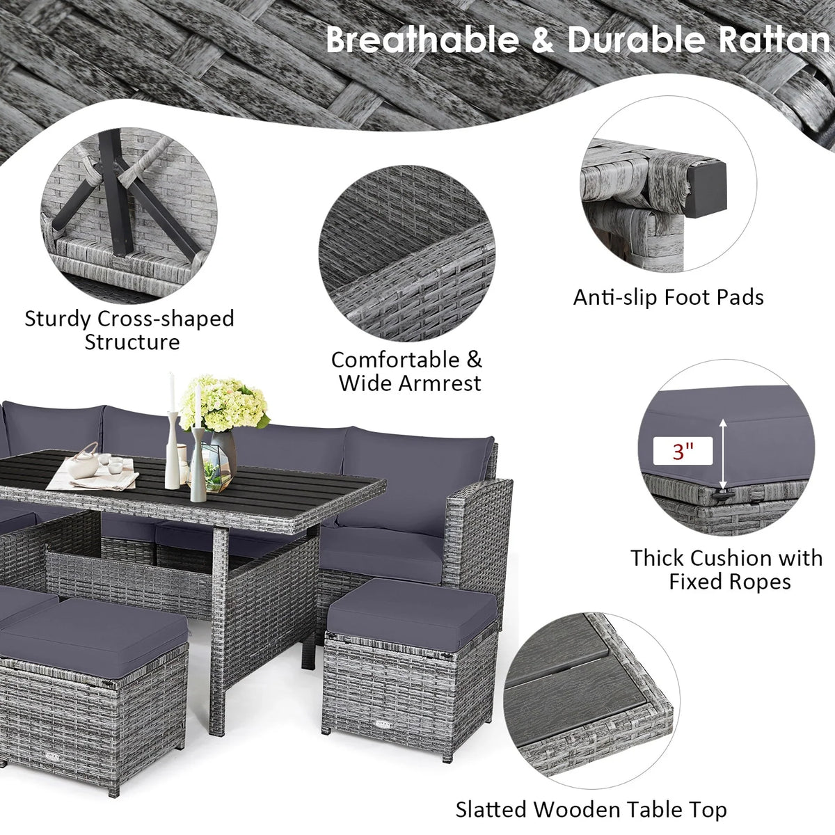 Costway 7 PCS Patio Rattan Dining Set Sectional Sofa Couch Ottoman - See Details