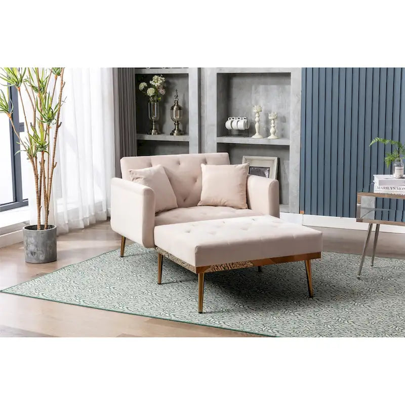 Poltrona letto in velluto imbottito e trapuntato per soggiorno, con gambe color oro rosato