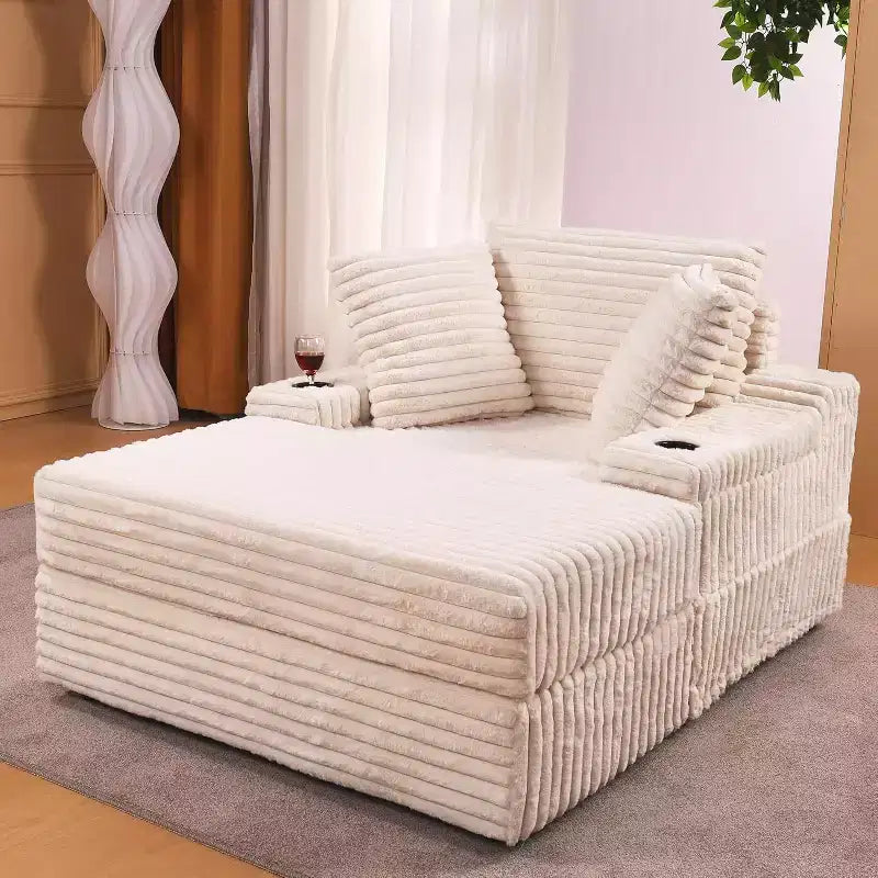 Chaise longue de grandes dimensões para interior com pufe de arrumação, sofá-cama estofado em bombazina Cloud Couch com 3 almofadas, poltrona-cama individual
