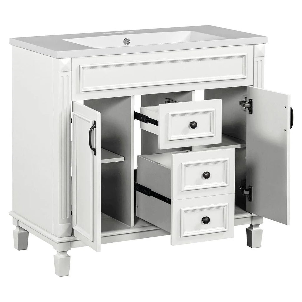 Moderne badkamermeubelset van 36 inch met wastafelblad, spiegelkast, 2 deuren en 2 laden