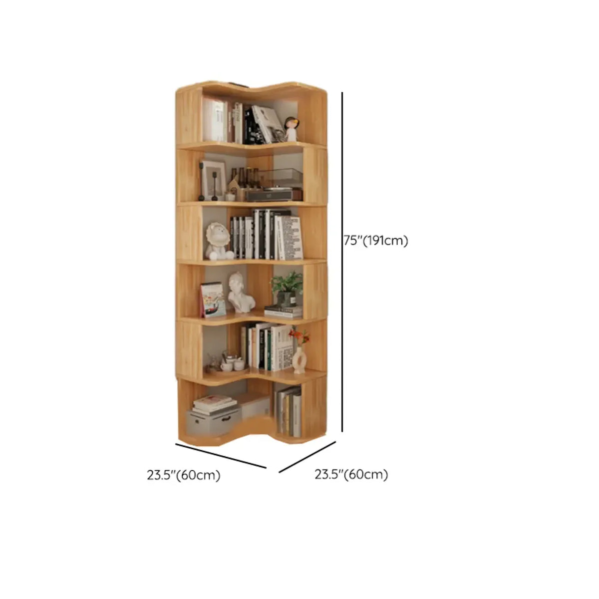Vertikales L-förmiges Bücherregal aus Holz mit natürlicher Oberfläche und offener Rückseite
