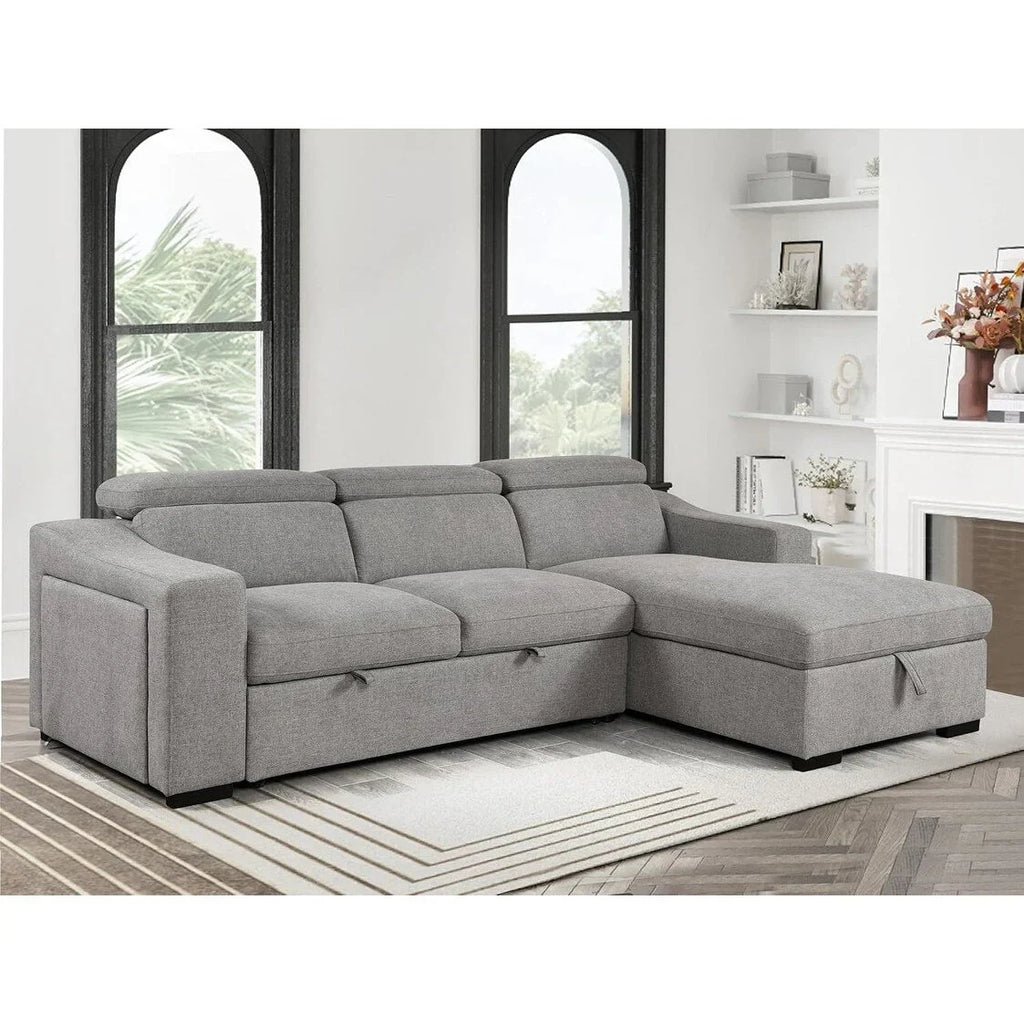 Sofá seccional convertível Roomfitters 103 com chaise longue com arrumação, apoios de cabeça ajustáveis, sofá-cama de canto em L