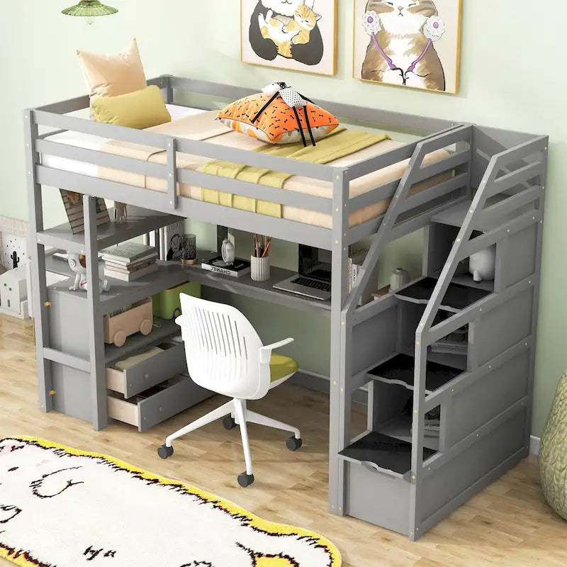 Cama alta Twin com secretária e prateleiras, duas gavetas incorporadas e escada com arrumação