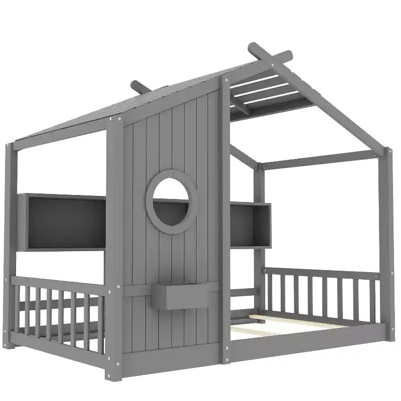 Estrutura de cama de plataforma para crianças de tamanho individual/duplo, cama de chão Montessori infantil, cama casinha de brincar com prateleira de arrumação - ModernLuxe