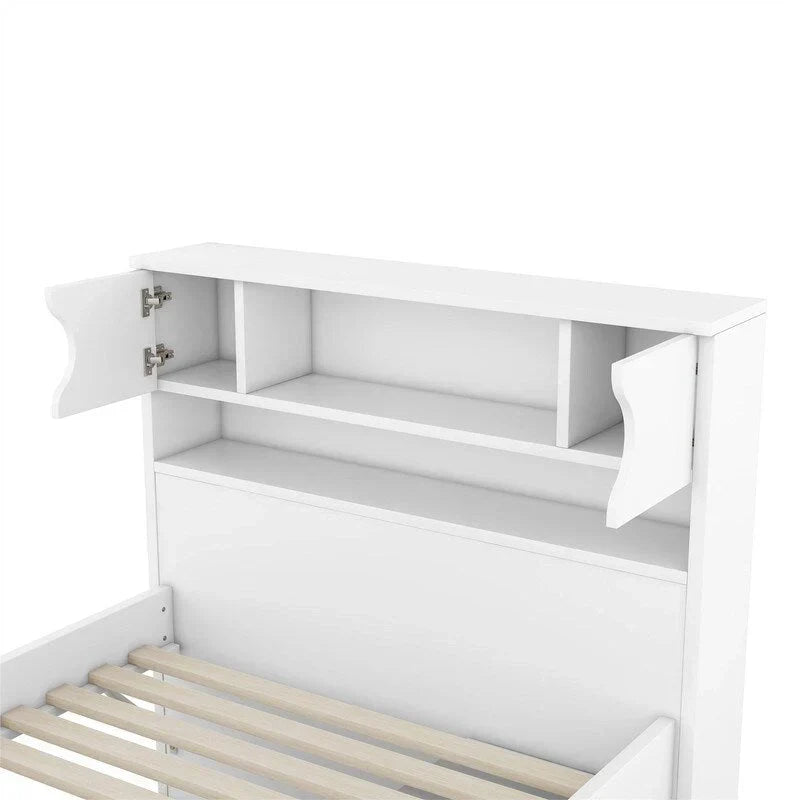 Cama de plataforma tipo capitão Twin/Full com 4 gavetas e prateleiras de arrumação, estrutura de cama em madeira maciça com cabeceira-estante para arrumação
