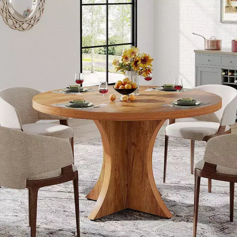 Table à manger ronde Lantine de 47,24 pouces pour 4 à 6 personnes, table de cuisine de style campagne avec pied central, petite table de repas pour salle à manger ou salon, marron